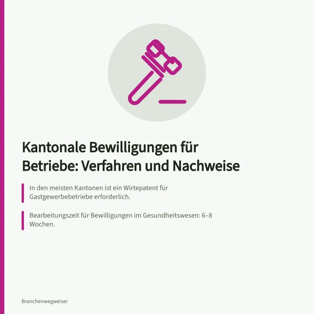 Kantonale Bewilligungen für Betriebe: Verfahren und Nachweise: In den meisten Kantonen ist ein Wirtepatent für Gastgewerbebetriebe erforderlich.; Bearbeitungszeit für Bewilligungen im Gesundheitswesen: 6–8 Wochen.; Strafregisterauszug (max. 3 Monate alt) in mehreren Kantonen Pflicht. Bewilligungen für Betriebe: Kantonale Verfahren und Nachweise