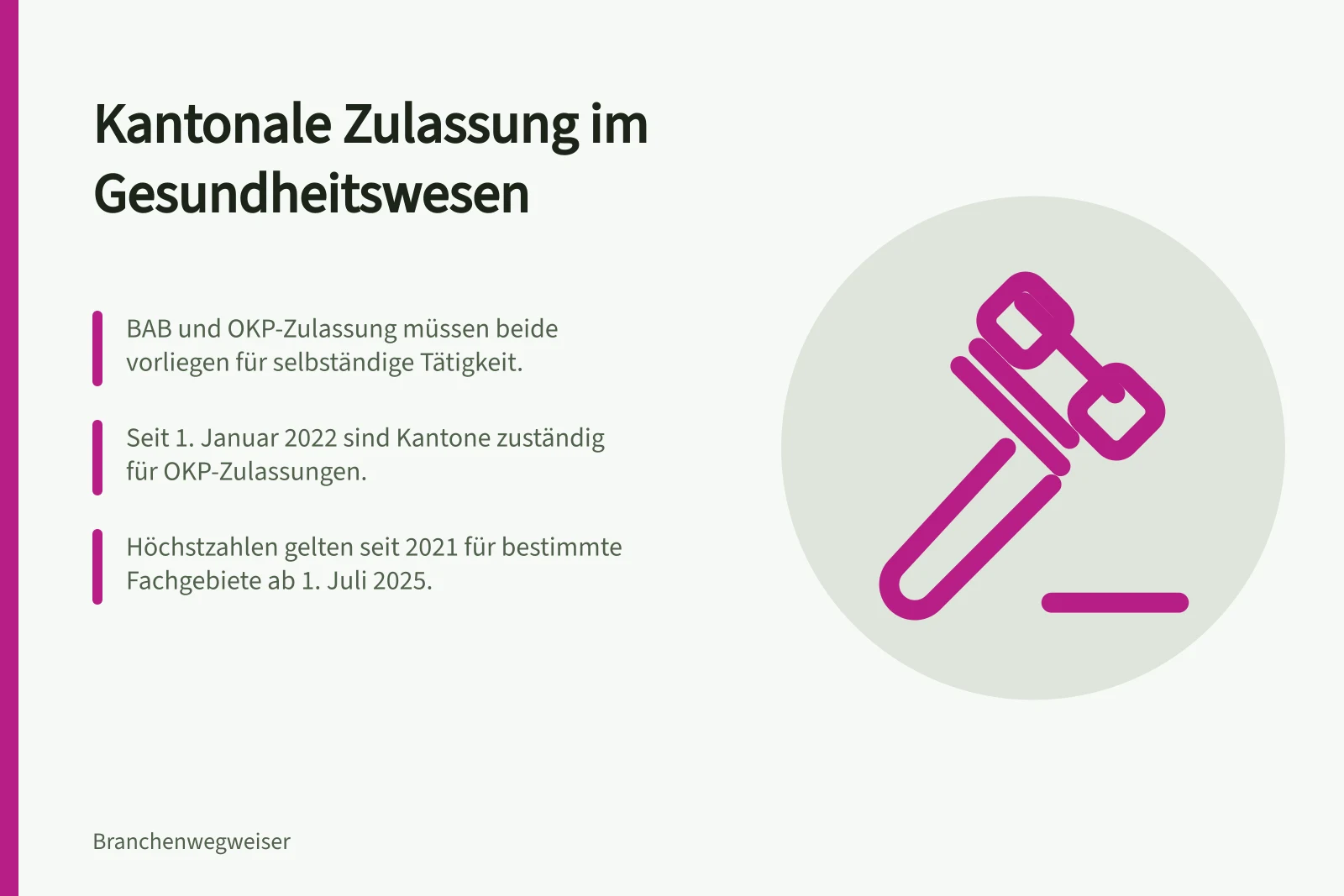 Kantonale Zulassung im Gesundheitswesen: BAB und OKP-Zulassung müssen beide vorliegen für selbständige Tätigkeit.; Seit 1. Januar 2022 sind Kantone zuständig für OKP-Zulassungen.; Höchstzahlen gelten seit 2021 für bestimmte Fachgebiete ab 1. Juli 2025.