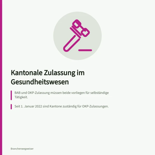 Kantonale Zulassung im Gesundheitswesen: BAB und OKP-Zulassung müssen beide vorliegen für selbständige Tätigkeit.; Seit 1. Januar 2022 sind Kantone zuständig für OKP-Zulassungen.; Höchstzahlen gelten seit 2021 für bestimmte Fachgebiete ab 1. Juli 2025. Bewilligungspflicht erkennen: Welche Tätigkeiten eine kantonale Zulassung brauchen