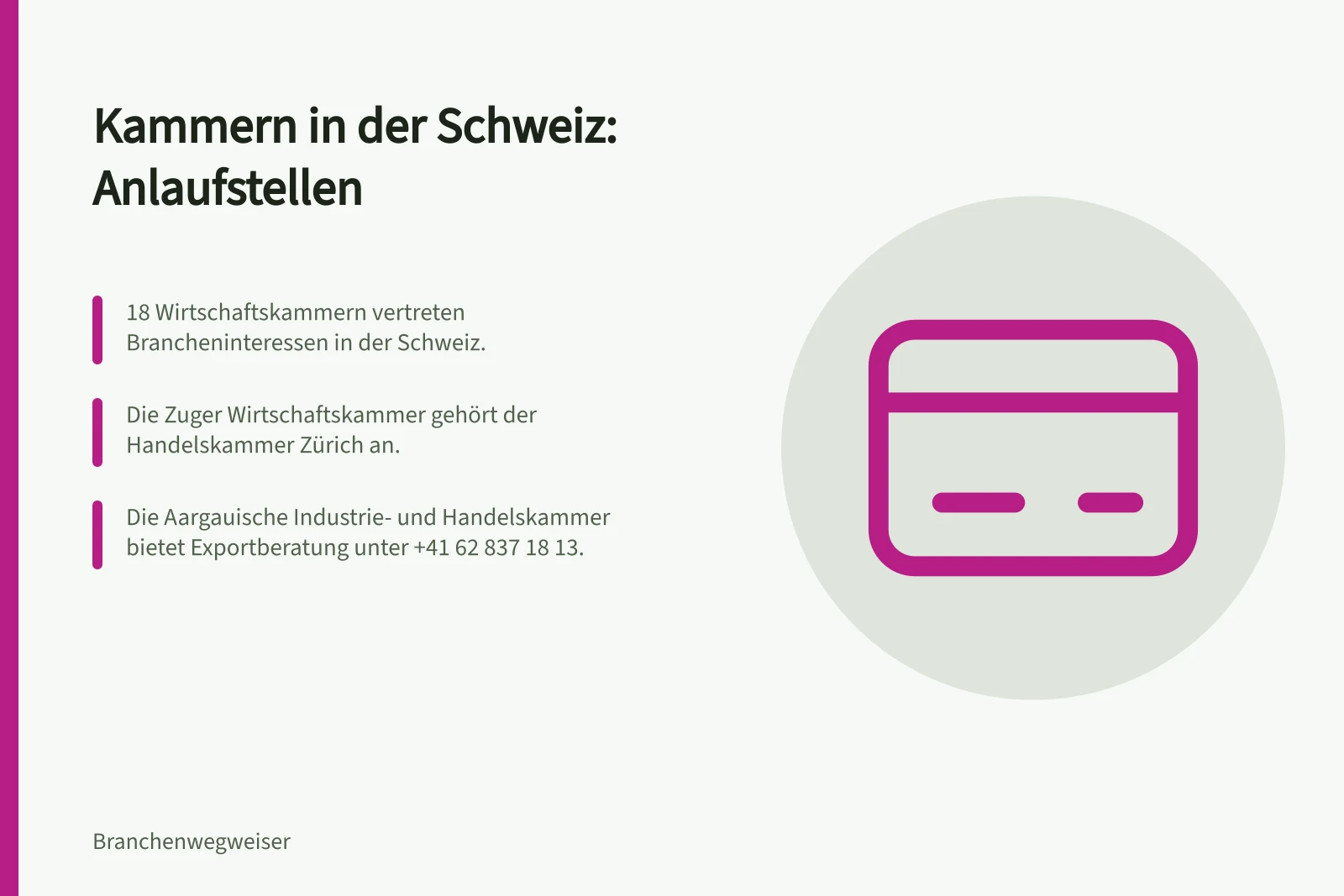 Kammern in der Schweiz: Anlaufstellen: 18 Wirtschaftskammern vertreten Brancheninteressen in der Schweiz.; Die Zuger Wirtschaftskammer gehört der Handelskammer Zürich an.; Die Aargauische Industrie- und Handelskammer bietet Exportberatung unter +41 62 837 18 13.
