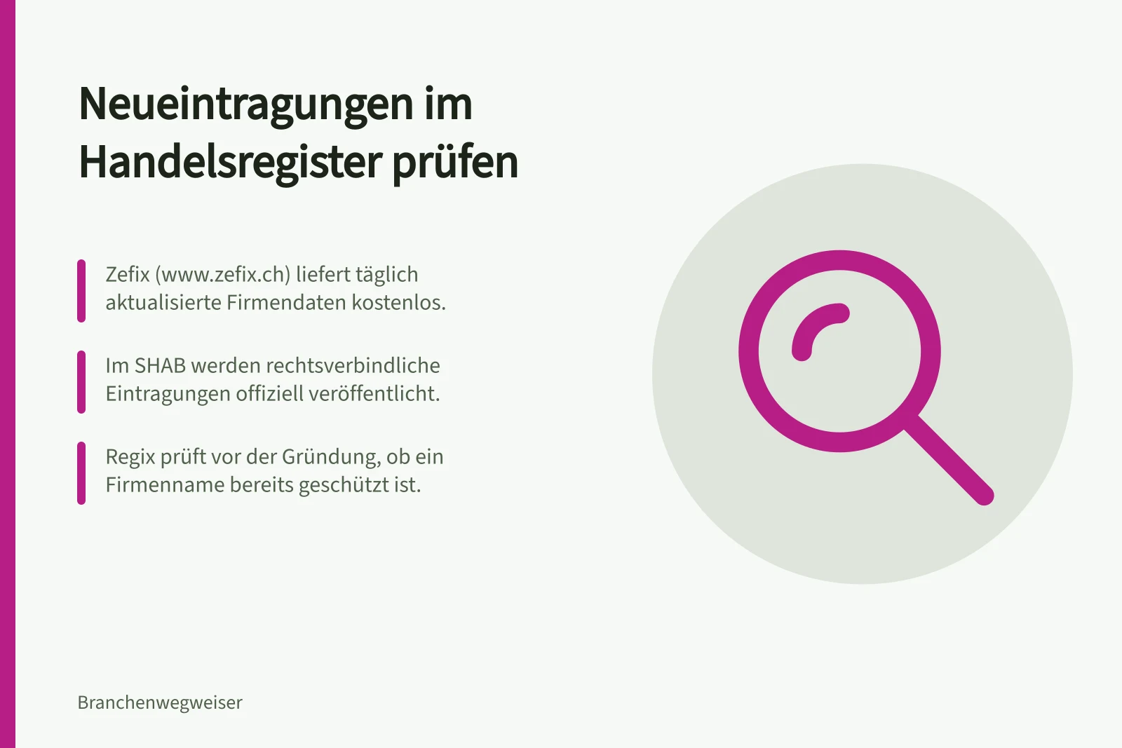 Neueintragungen im Handelsregister prüfen: Zefix (www.zefix.ch) liefert täglich aktualisierte Firmendaten kostenlos.; Im SHAB werden rechtsverbindliche Eintragungen offiziell veröffentlicht.; Regix prüft vor der Gründung, ob ein Firmenname bereits geschützt ist.